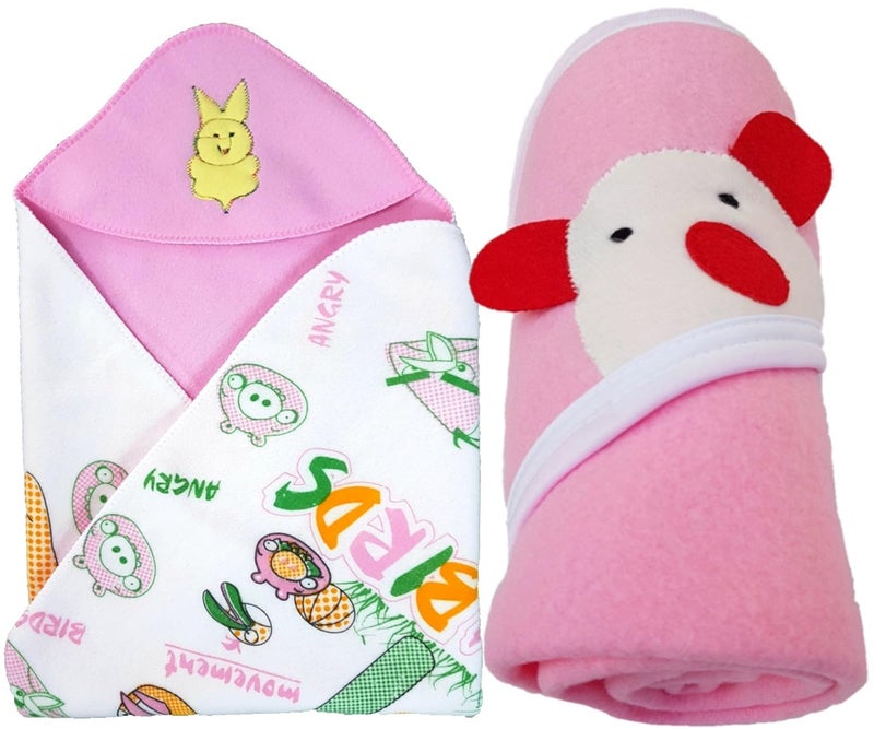 Brandonn BRANDONN Newborn Combo of Double PLY Reversible Hooded and Fleece Hooded Baby Blankets(Pack of 2, Baby Pink) - Image 1