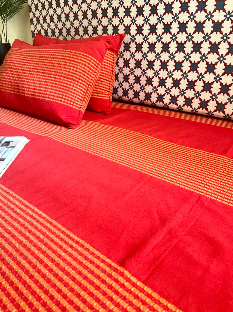 RANGBHAR Handloom Cotton 220 TC Striped Bedsheet For Double Bed, Organic Woven Bedsheet With 2 Pillow Covers, Red, 90 X 100 Inch - Image 3