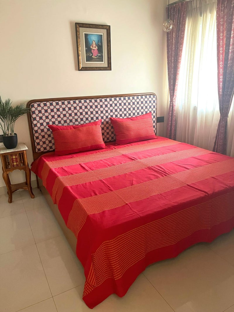 RANGBHAR Handloom Cotton 220 TC Striped Bedsheet For Double Bed, Organic Woven Bedsheet With 2 Pillow Covers, Red, 90 X 100 Inch - Image 2