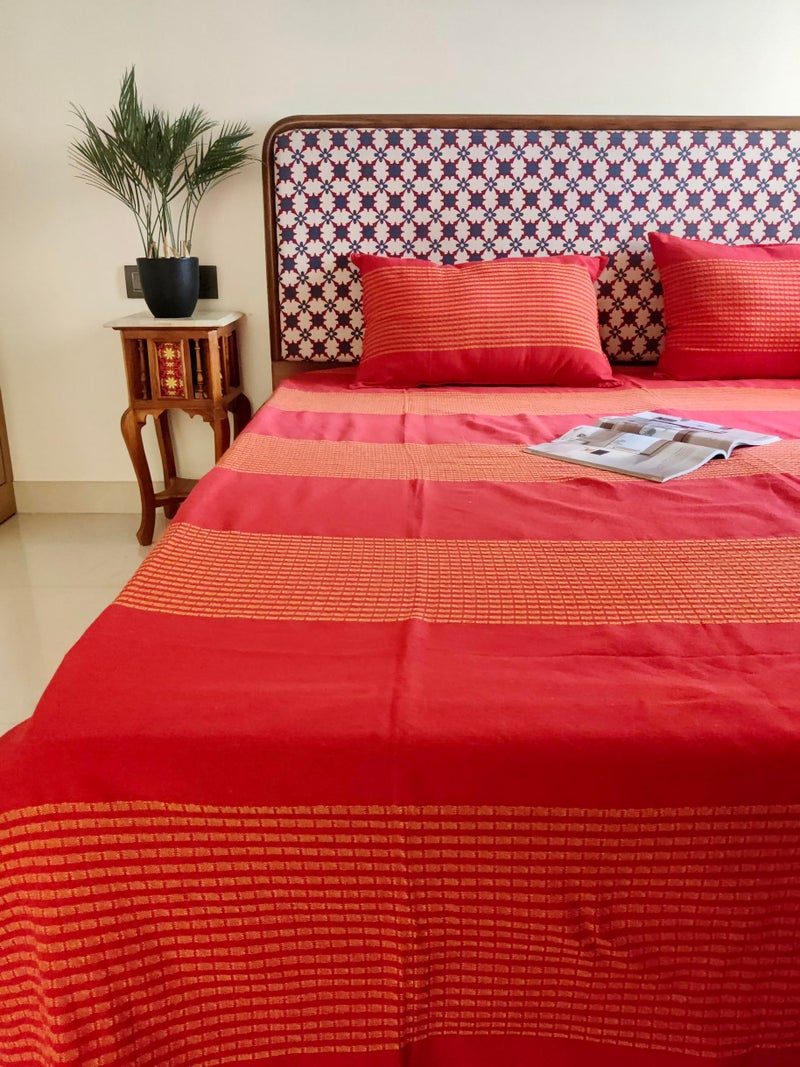 RANGBHAR Handloom Cotton 220 TC Striped Bedsheet For Double Bed, Organic Woven Bedsheet With 2 Pillow Covers, Red, 90 X 100 Inch - Image 1