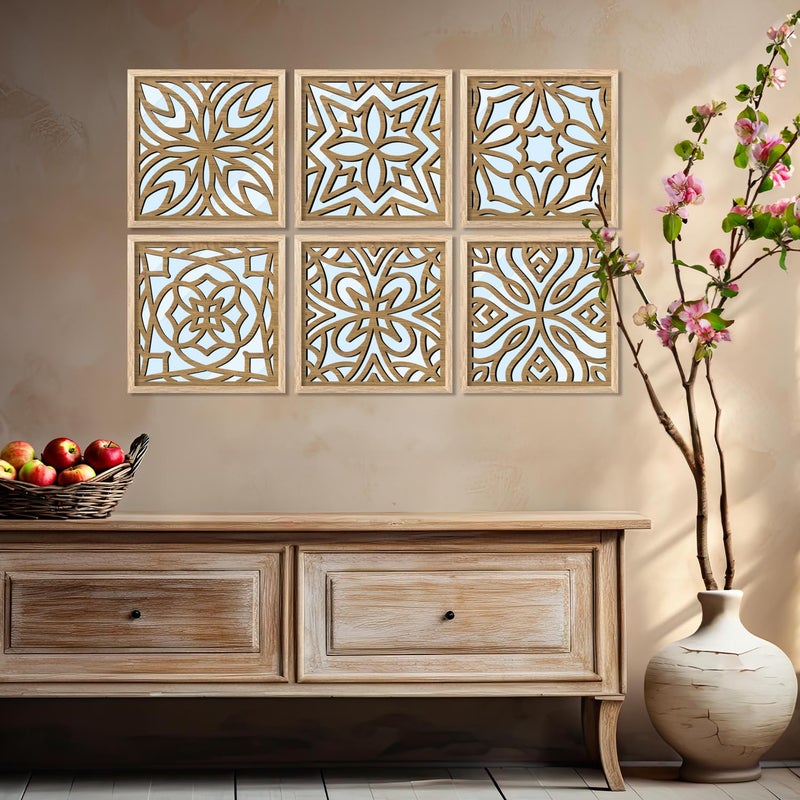 kotart Jharokha Frames Mirror for Decor Wood Mirrors for Home Decoration Wall Mirror Decor Panel Wooden Frames Wall Decor Wall Dcor Mirror with Frames Set of 6 Mirror 6 Small 10x10 inch - Image 1