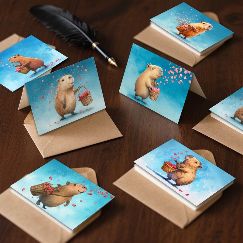 24pcs Valentine Day Capybara Greeting Card With Flower Basket And Envelope For Couples Birthday Celebration Thank You Holiday Message Gift - Image 2