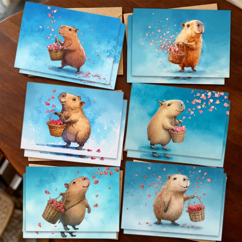 24pcs Valentine Day Capybara Greeting Card With Flower Basket And Envelope For Couples Birthday Celebration Thank You Holiday Message Gift - Image 1
