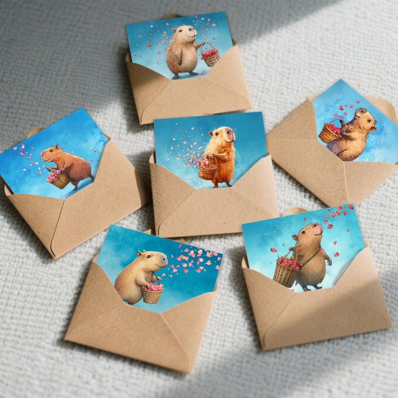 24pcs Valentine Day Capybara Greeting Card With Flower Basket And Envelope For Couples Birthday Celebration Thank You Holiday Message Gift - Image 5