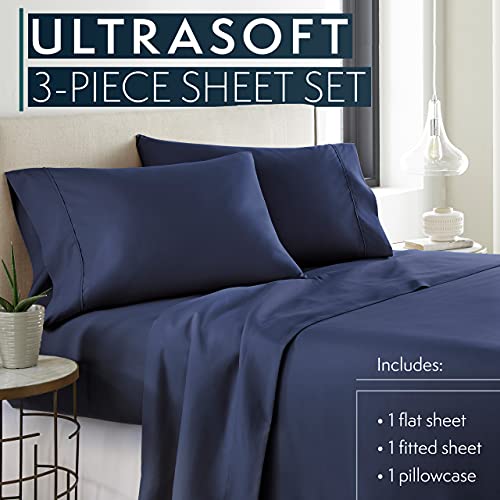 HC COLLECTION Twin Sheet Set w/ 1 Pillowcase, Hotel Luxury Platinum 1800 Series Brushed Microfiber Bed Sheets, Ultra Soft Lightweight Breathable Cooling 3 Pcs Bedding, All Season Easy Care, Navy - Image 2