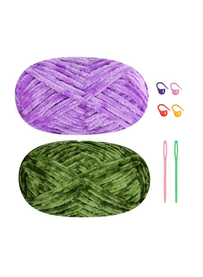 SUNSAR 2 PCS 200g Soft Chenille Velvet Yarn for Crocheting and Knitting, Warm Yarn for Blanket, Hat, Scarf, Gloves, Slippers, Doll(Purple+Green) - Image 1