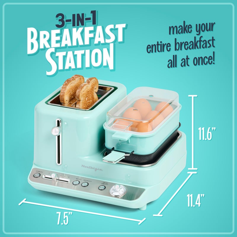 Nostalgia Classic Retro 3-in-1 Breakfast Station - Includes Egg and Veggie Steamer, Non-Stick Griddle, and Wide 2-Slot Toaster - Versatile Breakfast Maker Cooking Station with Toasting Control - Image 2