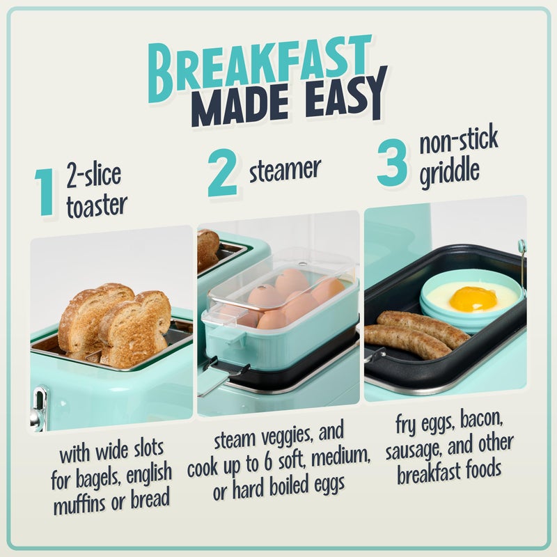 Nostalgia Classic Retro 3-in-1 Breakfast Station - Includes Egg and Veggie Steamer, Non-Stick Griddle, and Wide 2-Slot Toaster - Versatile Breakfast Maker Cooking Station with Toasting Control - Image 3