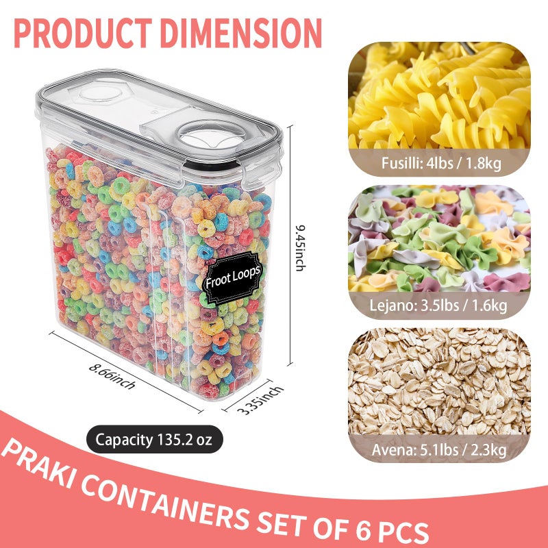 PRAKI Large Dry Food Storage Containers with Lids, 6PCS Airtight Cereal Containers Storage Set, Leak-proof Canister Set for Kitchen Pantry Organization with 20 Labels & Marker (4L Black) - Image 2