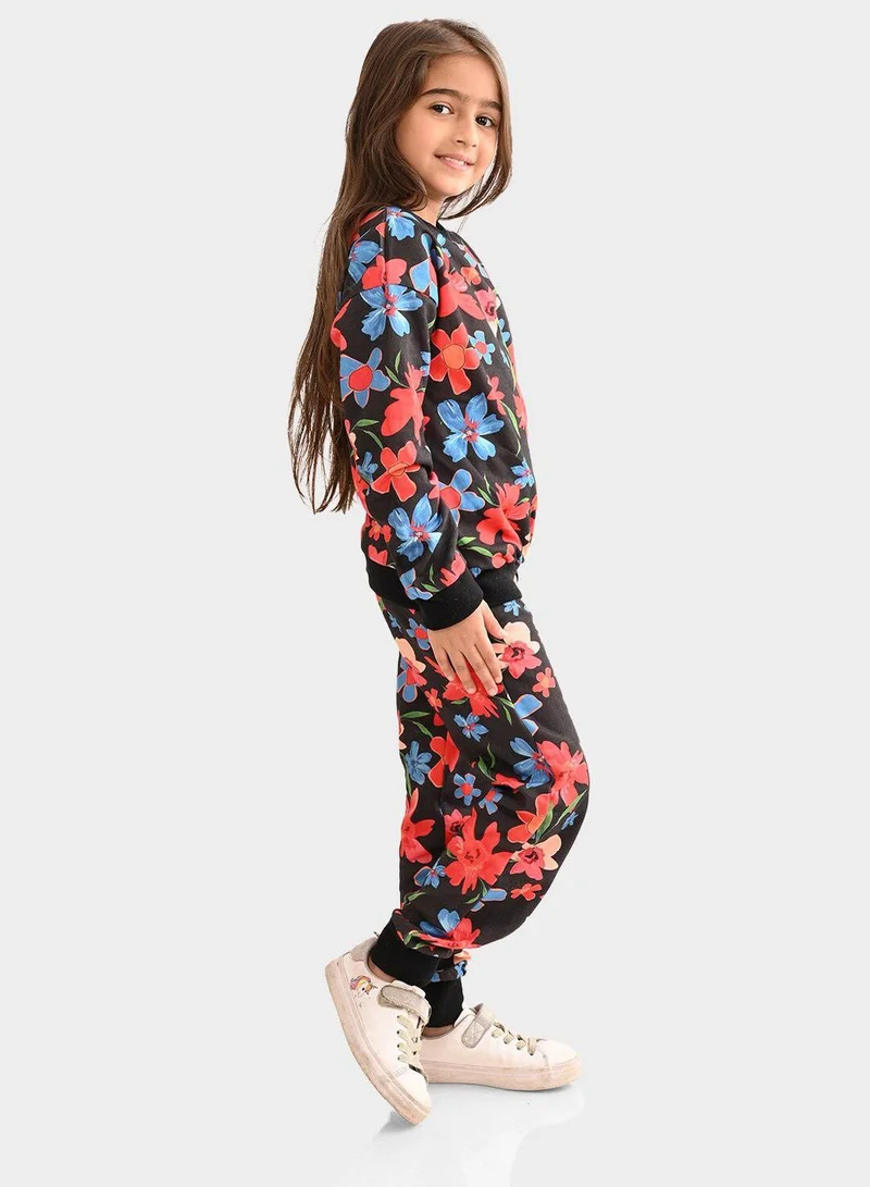 Bonkids Regular Fit Printed Black Cotton Sets For Girls Round Neck Flat Collar Pull On 100 % Cotton