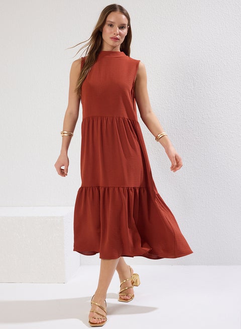Tile Shift/Straight Cut Stand Collar Midi Woven Dress