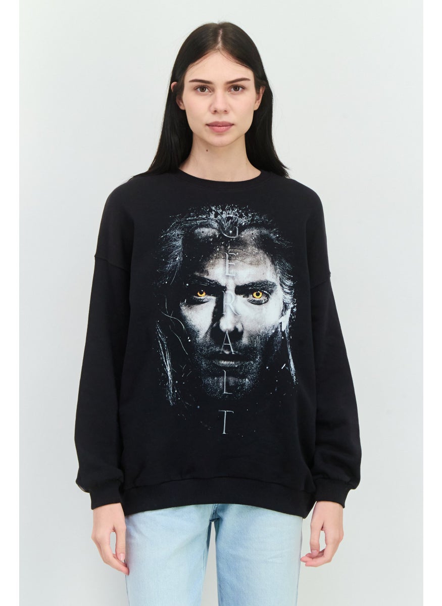Bershka Women Crew Neck Long Sleeves Netflix The Watcher Sweatshirt, Black Combo  - Image 1