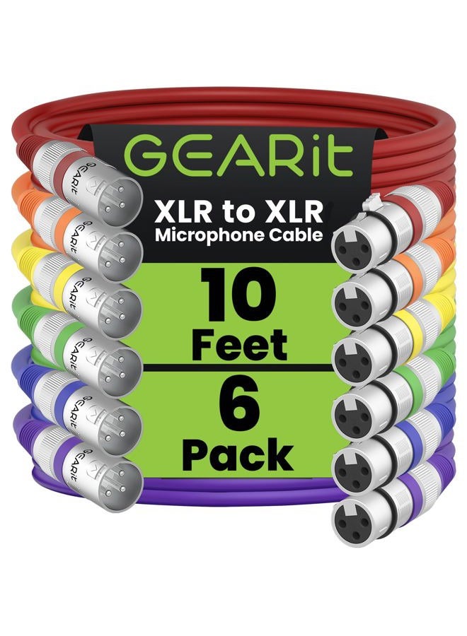 GearIT XLR to XLR Microphone Cable (10 Feet, 6 Pack) XLR Male to Female Mic Cable 3-Pin Balanced Shielded XLR Cable for Mic Mixer, Recording Studio, Podcast - Multi Colored, 10Ft, 6 Pack - Image 1
