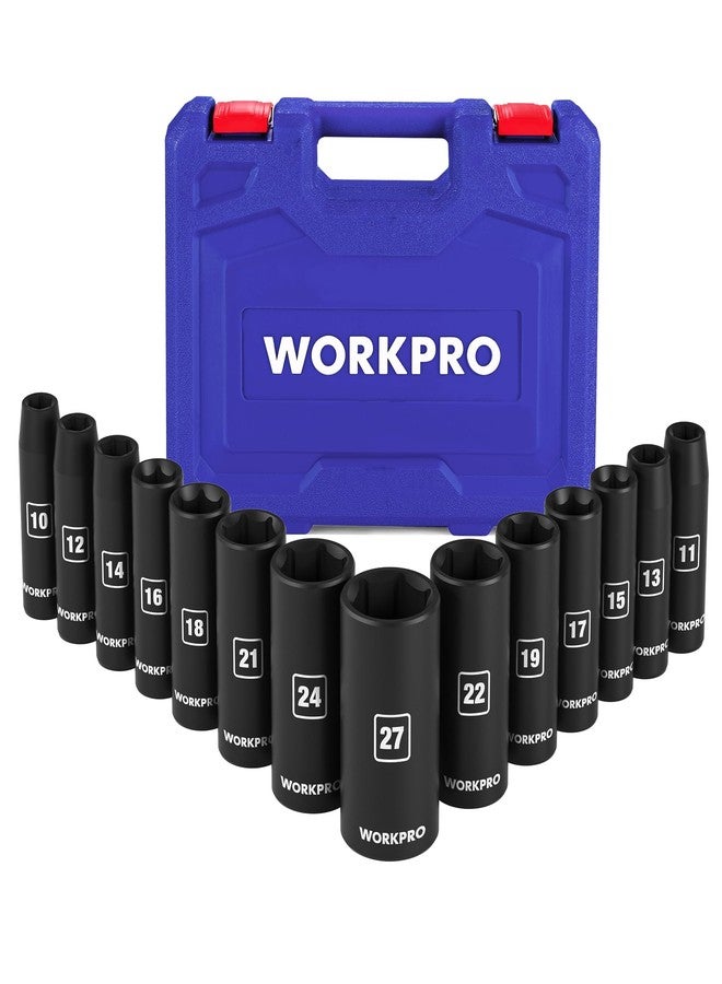 WORKPRO 14-Piece 1/2＂ Drive Deep Impact Socket Set, 6-Point Impact Deep Socket Set with Heavy Duty Storage Case for Automotive and Mechanical Repairs, 10mm-27mm, Cr-V Steel, Metric - Image 1