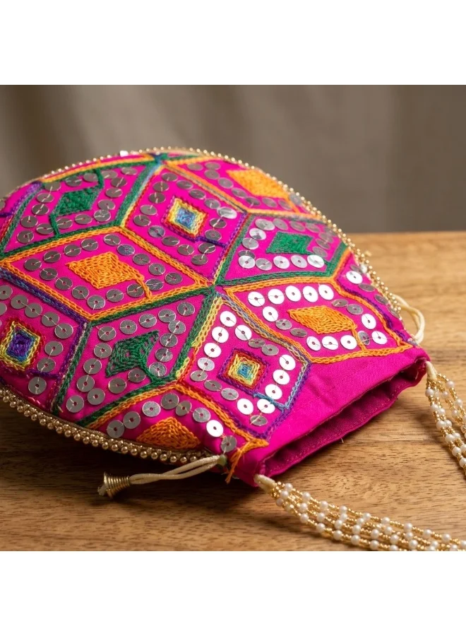 Mobcos Mobcos Pink Rhombus Floral Print Potli Bag Mobcos Pink Rhombus Handcrafted Indian Embroidered Mirror Work Potli Bag for Women | Premium Silk Blend Ethnic Drawstring Handbag with Pearl Handle | Wedding, Bridal, Party & Festive Purse for Women | Best Price UAE