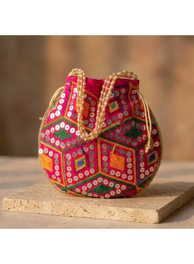 Mobcos Mobcos Pink Rhombus Floral Print Potli Bag Mobcos Pink Rhombus Handcrafted Indian Embroidered Mirror Work Potli Bag for Women | Premium Silk Blend Ethnic Drawstring Handbag with Pearl Handle | Wedding, Bridal, Party & Festive Purse for Women | Best Price UAE