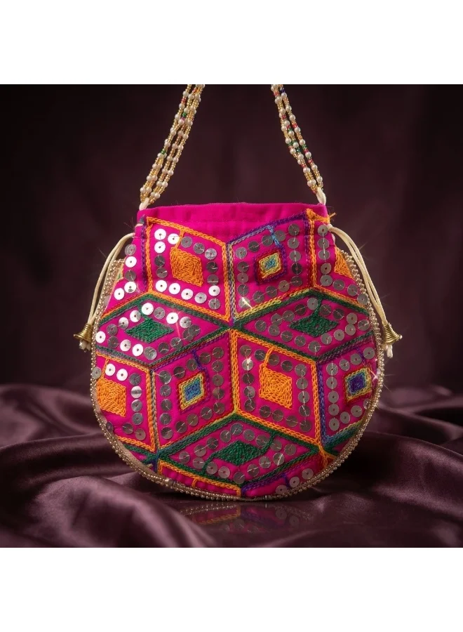 Mobcos Mobcos Pink Rhombus Floral Print Potli Bag Mobcos Pink Rhombus Handcrafted Indian Embroidered Mirror Work Potli Bag for Women | Premium Silk Blend Ethnic Drawstring Handbag with Pearl Handle | Wedding, Bridal, Party & Festive Purse for Women | Best Price UAE