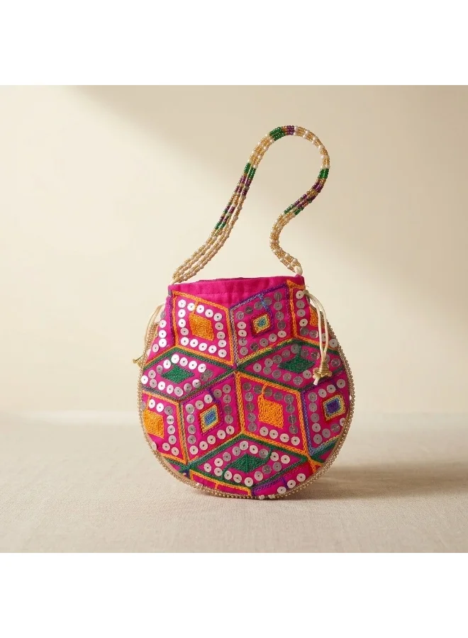 Mobcos Mobcos Pink Rhombus Handcrafted Indian Embroidered Mirror Work Potli Bag for Women | Premium Silk Blend Ethnic Drawstring Handbag with Pearl Handle | Wedding, Bridal, Party & Festive Purse