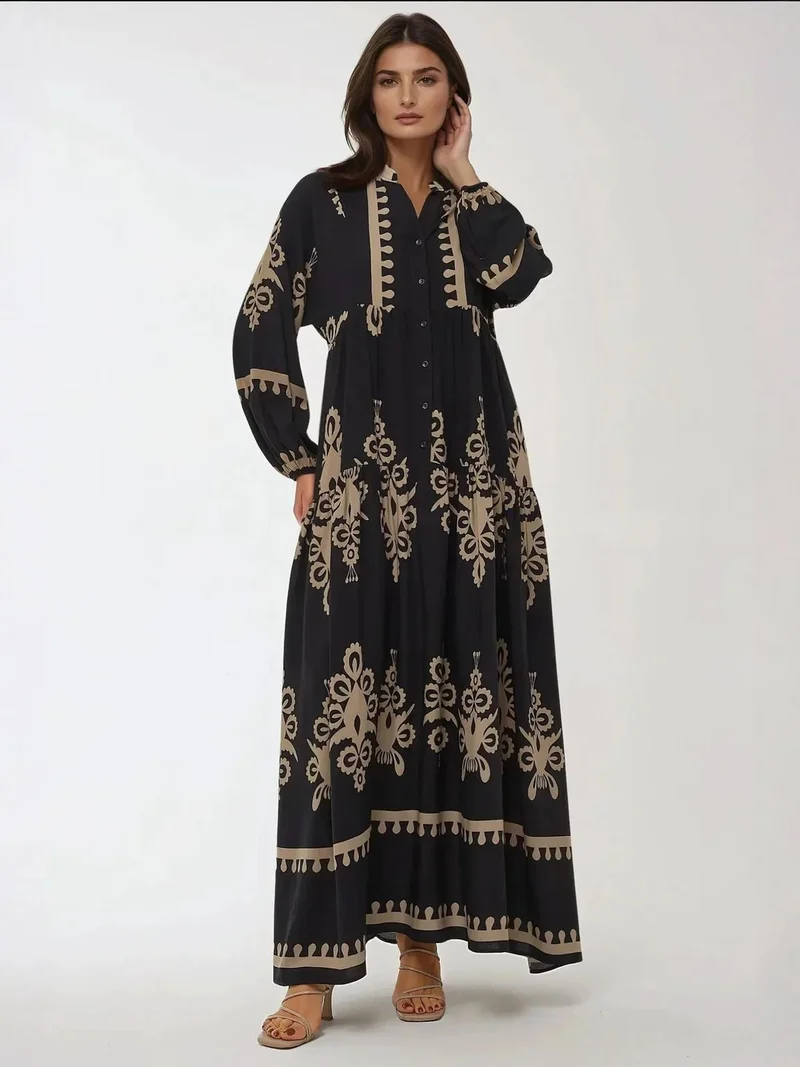 HICCUP Printed Long Sleeve Viscose Maxi Dress