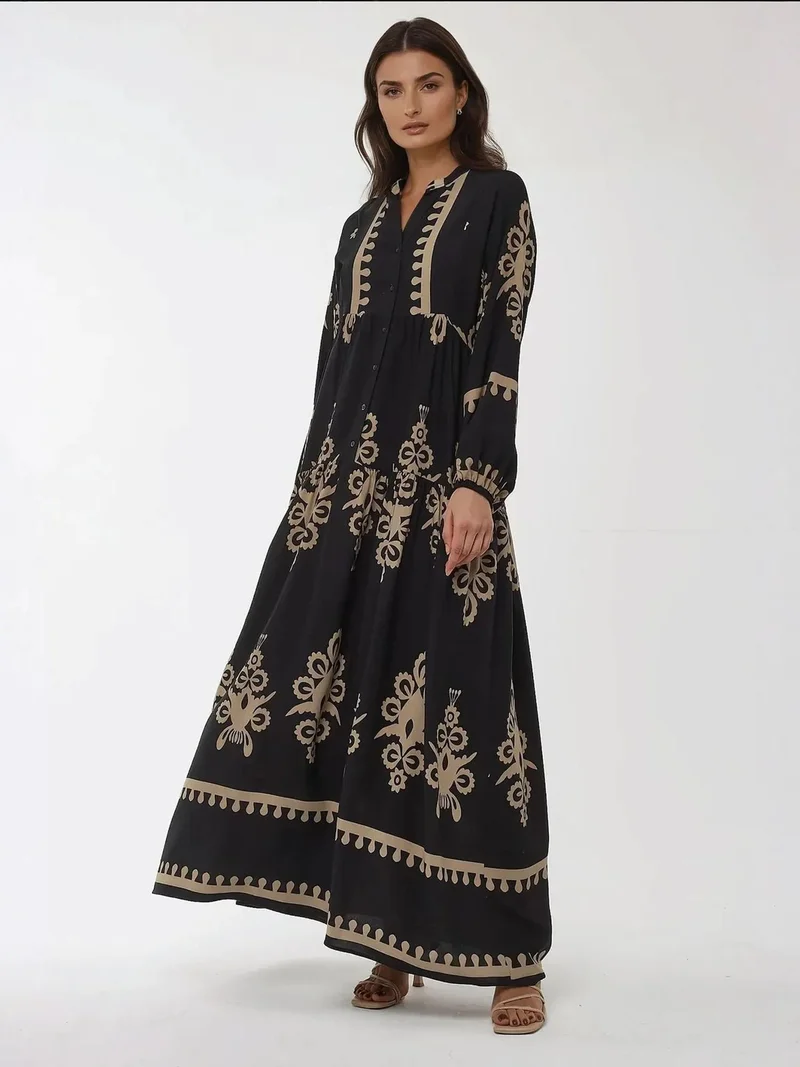 HICCUP Printed Long Sleeve Viscose Maxi Dress