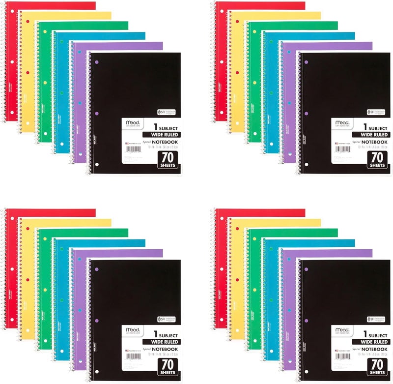 Mead Spiral Notebook, 24 Pack, 1-Subject, Wide Ruled Paper, 19 cm x 25.6 cm, 70 Sheets per Notebook, Color Will Vary (73063) - Image 1