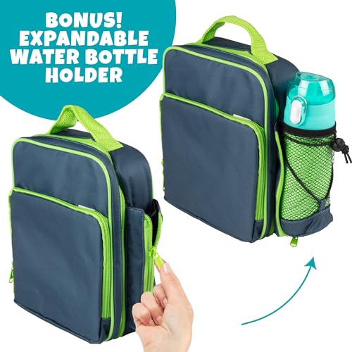 Bentology Insulated Lunch Box w Snack Pocket & Water Bottle Holder-Girls or Kids School Lunchbox Tote Keeps Food Hotter or Colder Longer-Reusable Bag Fits Most Bento Boxes Ice Packs Nesting Container-Blue Green - Image 3