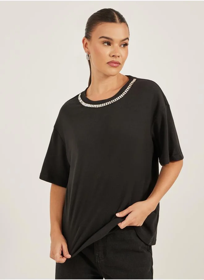 لوكس ويف Rhinestone Embellished Round Neck T-Shirt by Styli