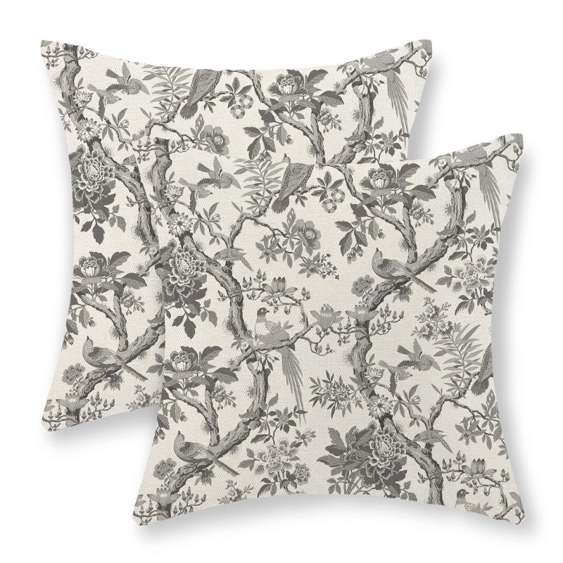 GOLIANDA Black Floral Bird Pillow Covers 18x18 Set of 2 Chinoiserie Throw Pillows Black Vintage Flowers Bird Decorative Pillow Cases Outdoor Chinoiserie Decor Farmhouse Cushion Case for Couch Sofa - Image 1