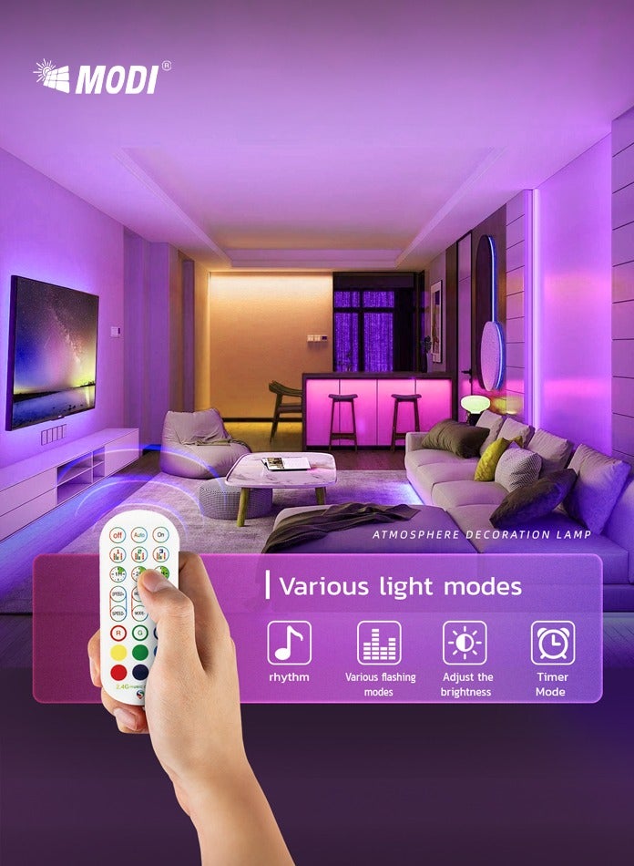 MODI 3Meter RGBIC Multi Color LED Strip Light, USB Connectivity, Remote Control, 20+ Lighting Modes, Music Sync Modes, Timer Settings, For Gaming Setup, Entertainment, PC, TV, Room Decor - Image 5