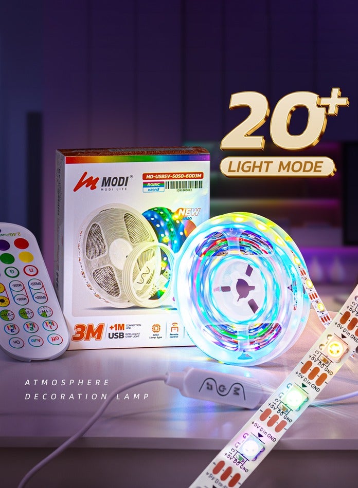 MODI 3Meter RGBIC Multi Color LED Strip Light, USB Connectivity, Remote Control, 20+ Lighting Modes, Music Sync Modes, Timer Settings, For Gaming Setup, Entertainment, PC, TV, Room Decor - Image 2