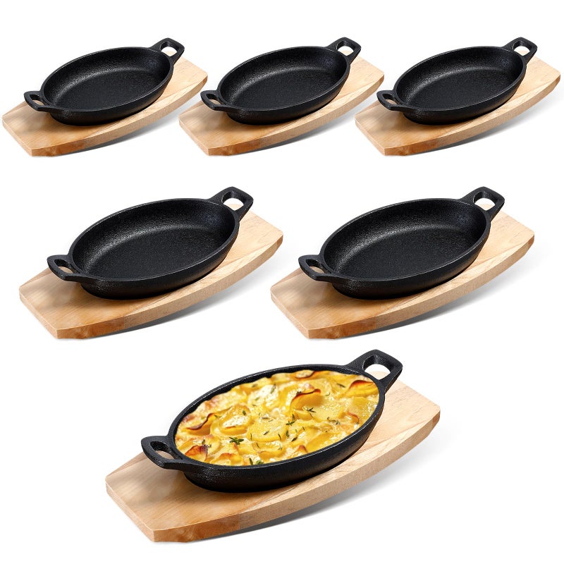 Mifoci 6 Sets Mini Cast Iron Skilletsoval Fajita Plates with Wooden Base Dish Tray Serving Sizzling Plate for Baking Roasting Cooking Grilling Appetizer 87x47x16 In