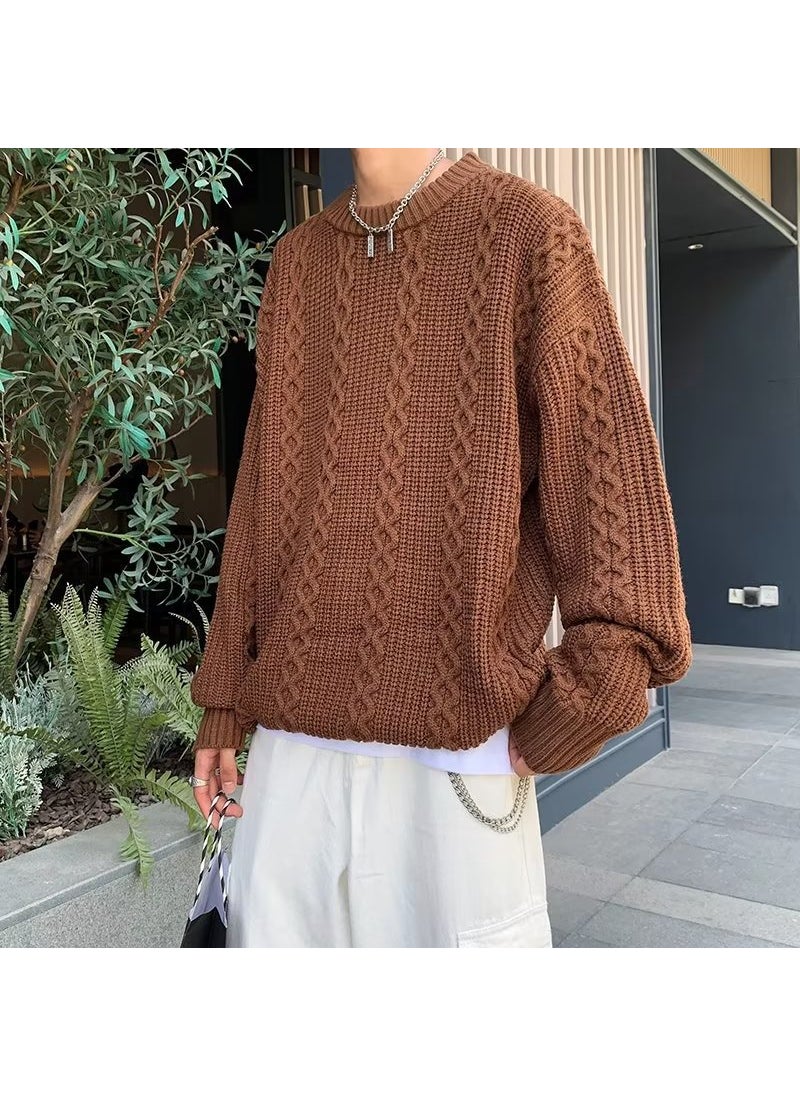 Generic - Loose Mens Knitted Sweater Spring Autumn Winter round Neck Twist Casual Wear Couple Outfit Long Sleeve Wool Blend Knitwear Coffee - Image 1