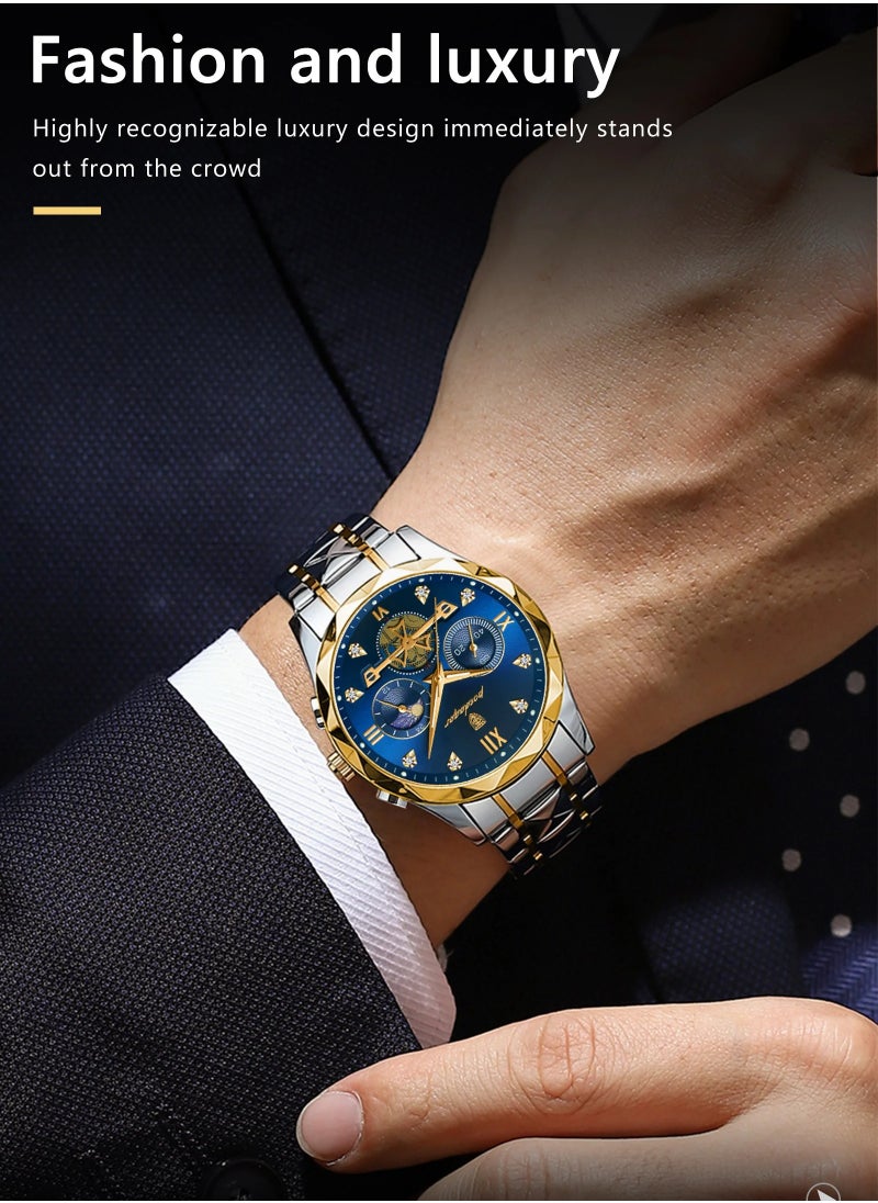 POEDAGAR Luxury Men Wristwatch, Classic And Fashionable Quartz Watch, Waterproof Luminous Chronograph Watch, Business Style Stainless Steel Wrist Watch For Men, (Gold Green)  - Image 4