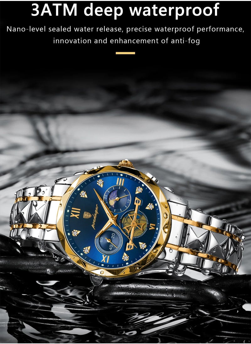 POEDAGAR Luxury Men Wristwatch, Classic And Fashionable Quartz Watch, Waterproof Luminous Chronograph Watch, Business Style Stainless Steel Wrist Watch For Men, (Gold Green)  - Image 2