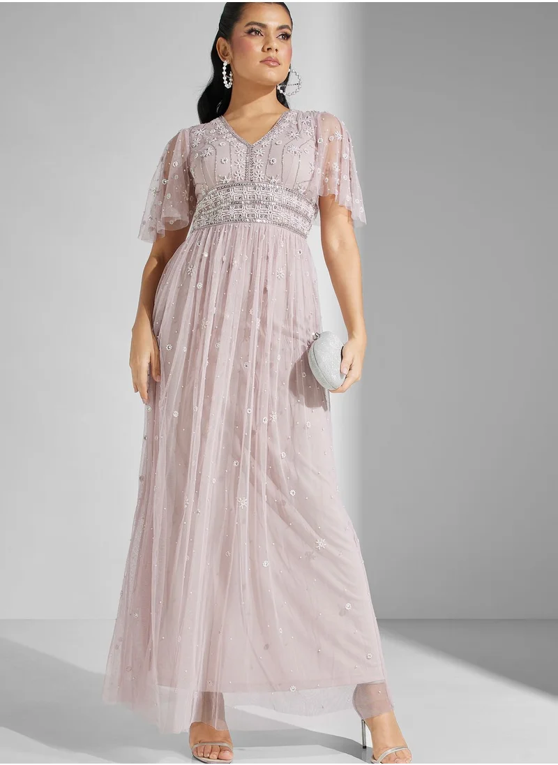 Amelia Rose V-Neck Embellished Tiered Dress