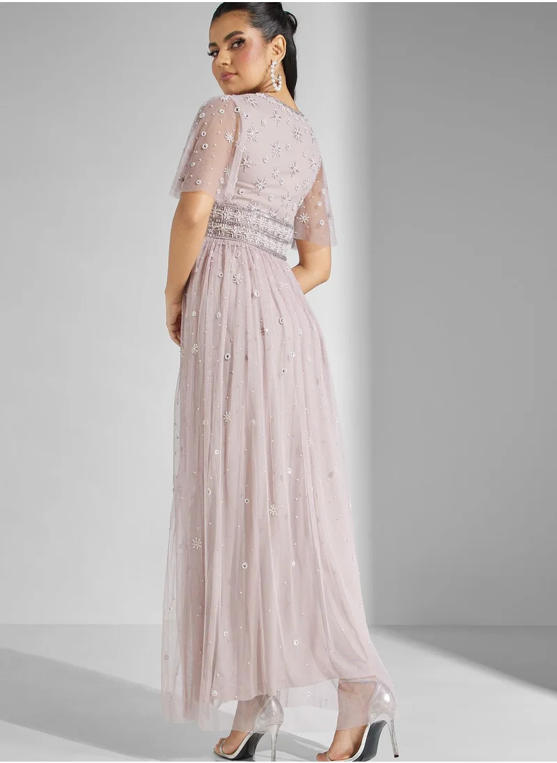 Amelia Rose V-Neck Embellished Tiered Dress