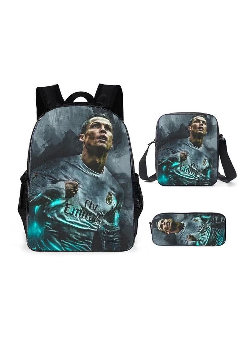 Kids School Bags Set of 3 School Bags With Lunch Bag And Pencil Case C-Ronaldo Casual Backpack For Teen Boys Girls, Soccer School Backpack