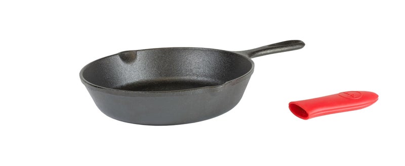 Lodge مقلاة لودج من الحديد الزهر مع حامل يد ساخن صغير سيليكون أحمر 8 بوصة