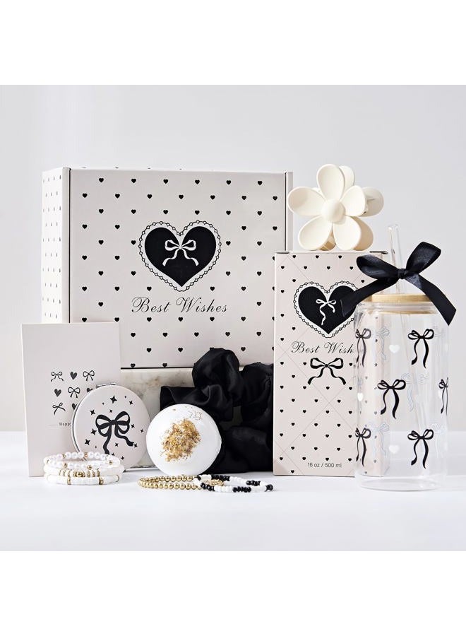 LANGASQUE Birthday Gifts for Women Teen Girls, Coquette Black Bow Happy Birthday 7-in-1 Gift Box for Girl, Women, Sister, Daughter, Friends, Cute Black Bow Glass Cups Gift Set, Teen Girl Gifts Trendy Stuff - Image 1