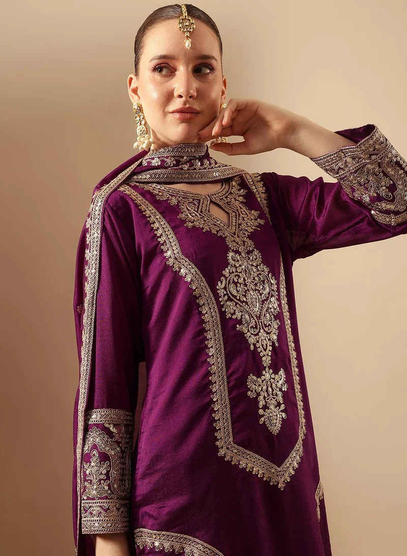 ISHIN Purple Poly Embroidered Straight Fit A-Line Tunic & Full Length Palazzo Kurta Set For Women