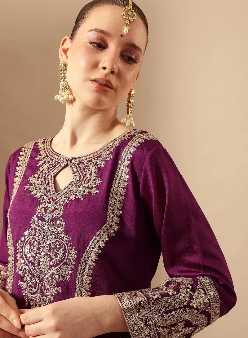 ISHIN Purple Poly Embroidered Straight Fit A-Line Tunic & Full Length Palazzo Kurta Set For Women