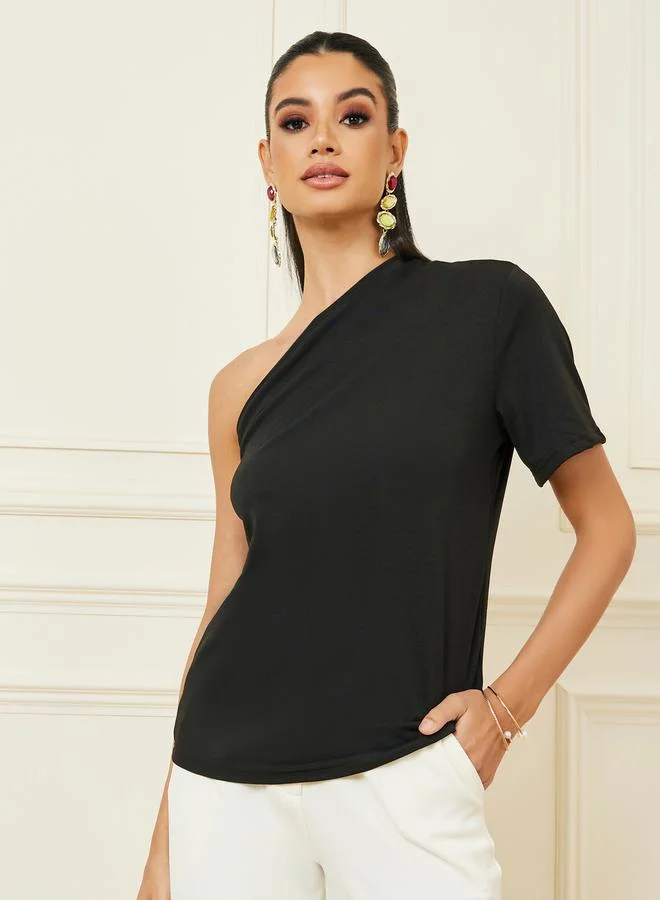 Styli Solid One Shoulder T-Shirt with Short Sleeves