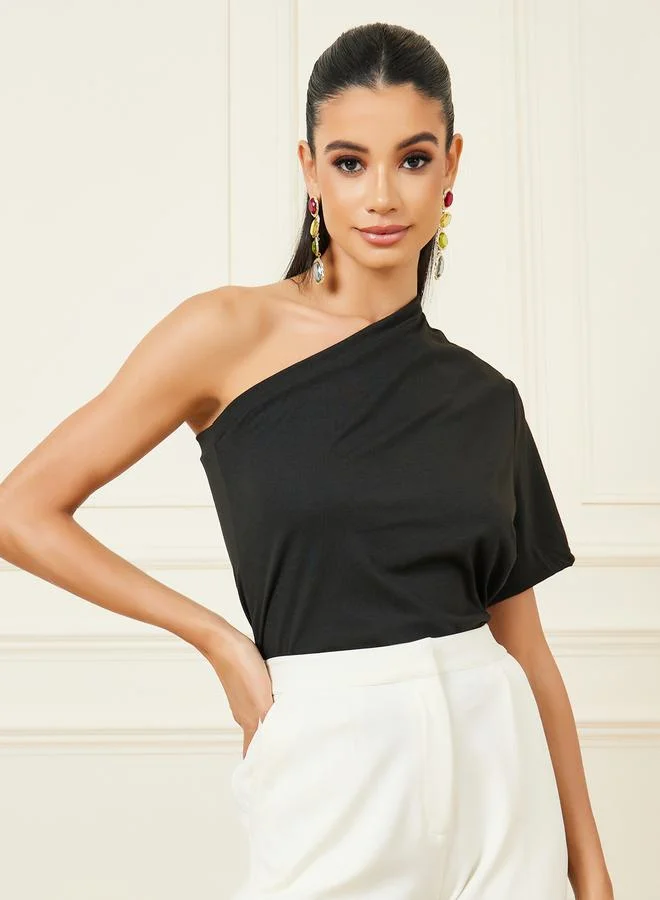 Styli Solid One Shoulder T-Shirt with Short Sleeves