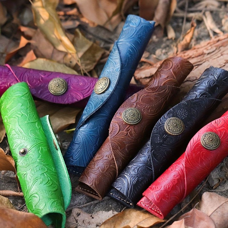 Red Genuine Leather Hand Carved Pattern Pen Case Retro Creative Roll Up Storage - Image 1