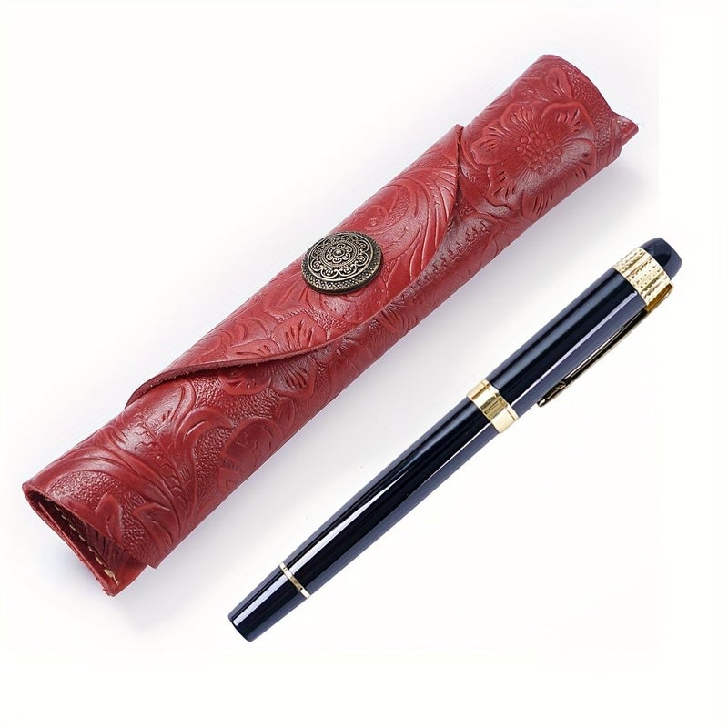 Red Genuine Leather Hand Carved Pattern Pen Case Retro Creative Roll Up Storage - Image 3