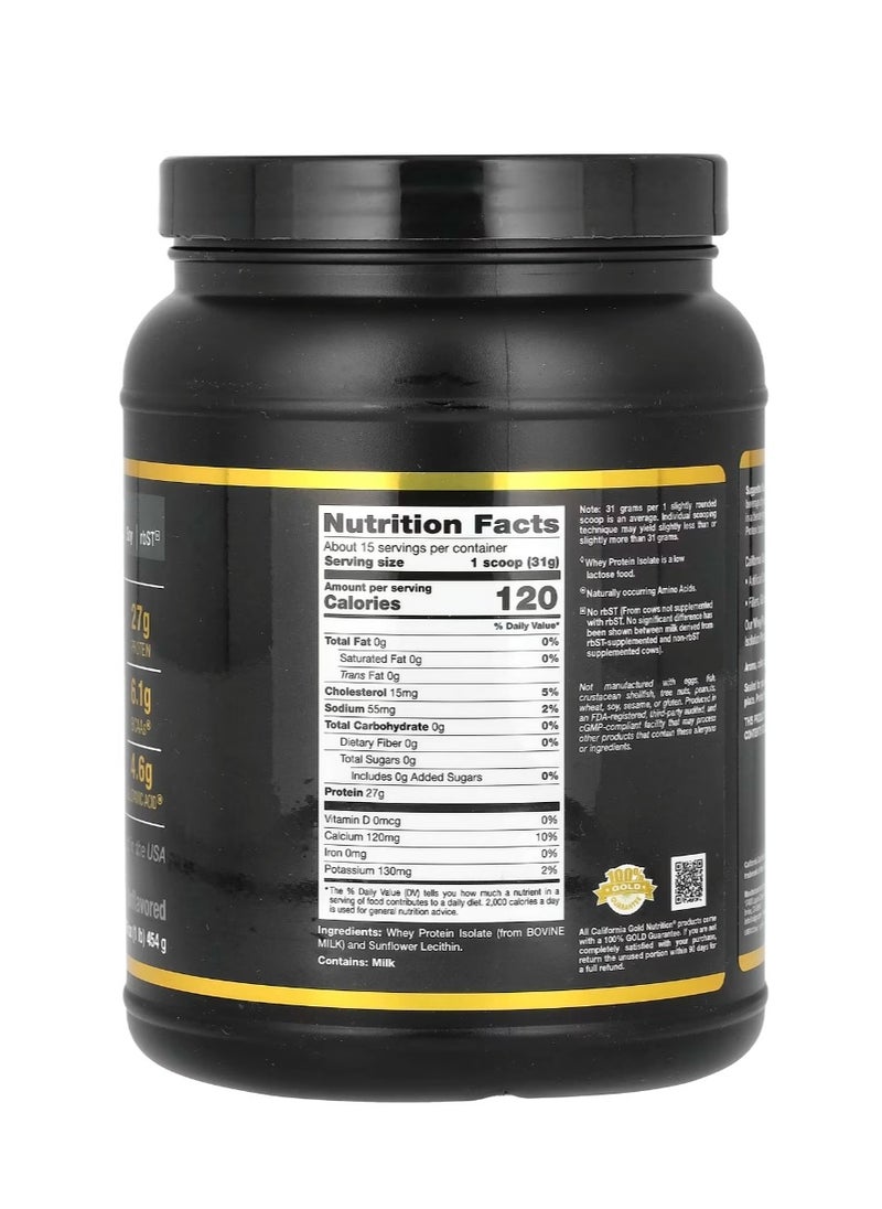 California Gold Nutrition Sport Whey Protein Isolate Unflavored 1 lb (454 g)  - Image 2
