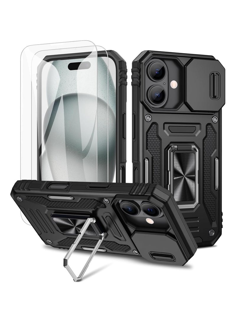 general Case for iPhone 16 with sliding camera cover and built-in swivel stand ring and 2-pack glass screen protector standCase for iPhone 16 6.1 inch - Image 1