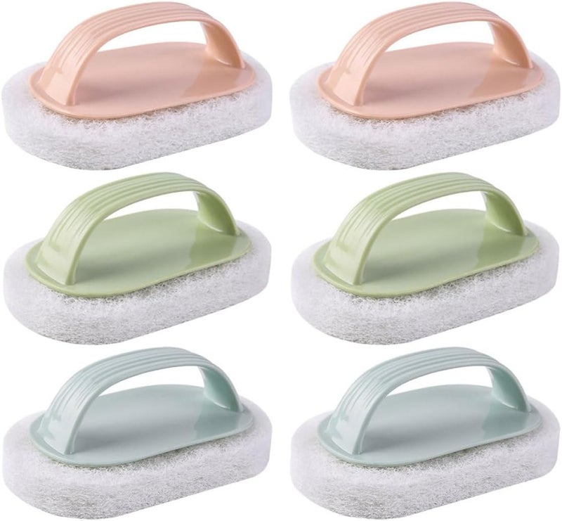 6pcs Household Kitchen and Bathroom Scrub Sponge Set with Handle, Multi-Color Pot Scrubbers for Tile, Bathtub, and Cookware Cleaning, Sturdy Household Cleaning Tools - Image 1