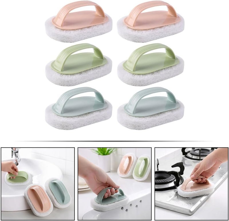 6pcs Household Kitchen and Bathroom Scrub Sponge Set with Handle, Multi-Color Pot Scrubbers for Tile, Bathtub, and Cookware Cleaning, Sturdy Household Cleaning Tools - Image 3