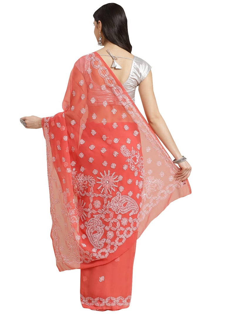 Ada Women Hand Embroidered Lucknowi Chikankari Georgette Saree With Unstitched Blouse Piece A191489,Tomato Red - Image 2